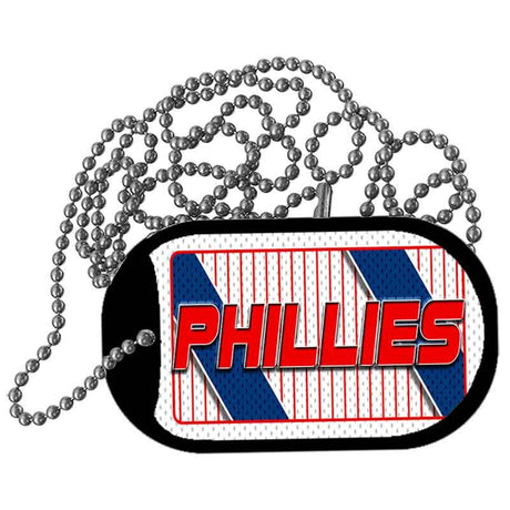 Dog tag with Phillies logo and chain on a white background