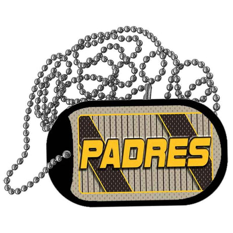 Dog tag with 'PADRES' text and chain on a white background