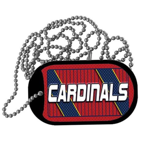 Dog tag with 'Cardinals' text on a red and blue background with a chain.