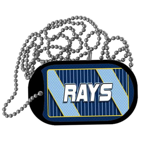 Dog tag with 'RAYS' text on a blue and black background