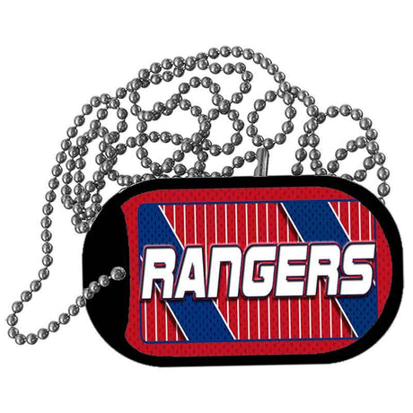 Dog tag with 'Rangers' text on a red and blue background with a chain.