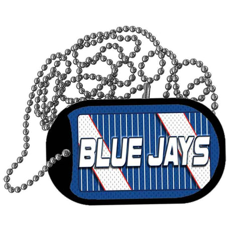 Dog tag with 'Blue Jays' text and sports-themed design on a white background
