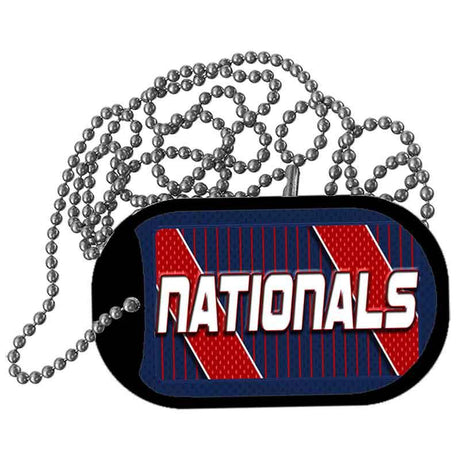 Dog tag with 'Nationals' text on a blue and red background