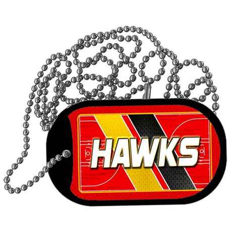 Dog tag with 'HAWKS' text on a red and yellow background with a chain.