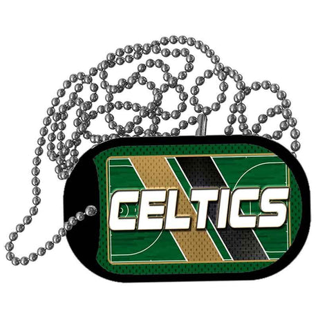 Dog tag with Celtics logo and chain on a white background