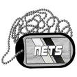 Dog tag with 'NETS' text and chain on a white background