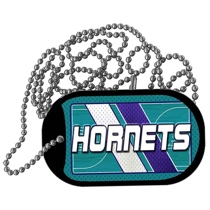 Dog tag with 'Hornets' text and colorful design on a white background