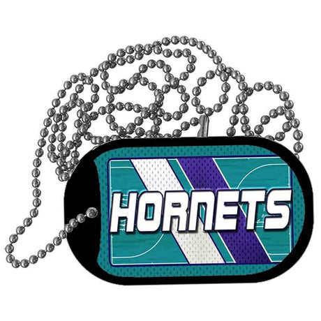 Dog tag with 'Hornets' text and colorful design on a white background