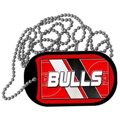 Dog tag with 'Bulls' text on a red and black background with a chain.