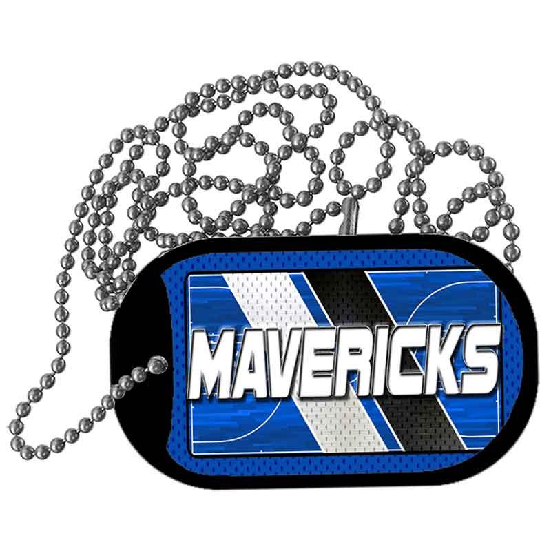Dog tag with 'Mavericks' text and sports ball design on a white background