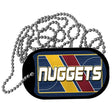 Dog tag with 'NUGGETS' text and color pattern on a white background