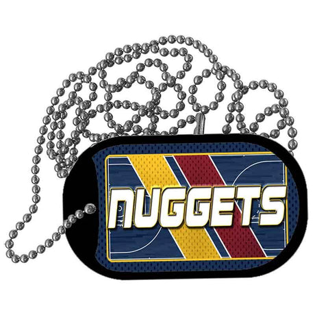 Dog tag with 'NUGGETS' text and color pattern on a white background