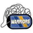 Dog tag with 'Warriors' text on a blue and yellow background
