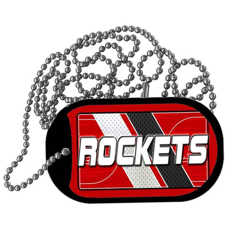 Dog tag with 'ROCKETS' text on a red and black background with a chain.