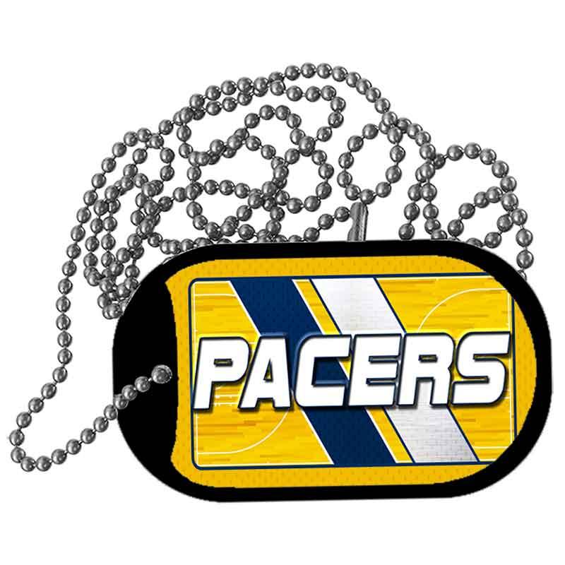 Dog tag with 'Pacers' text and color scheme on a white background