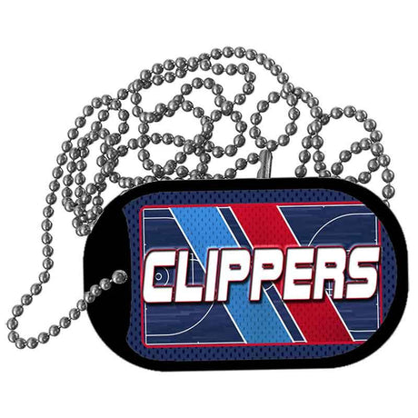 Dog tag with 'CLIPPERS' text and basketball court design on a white background