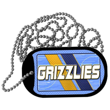 Dog tag with 'GRIZZLIES' text and blue and yellow design on a white background