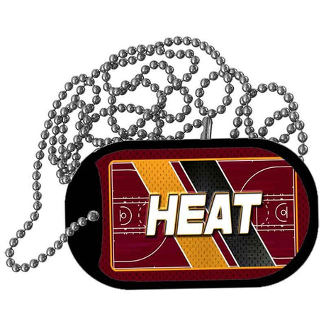 Dog tag with 'HEAT' text and basketball court design on a white background