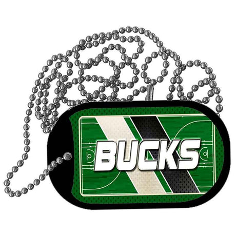 Dog tag with 'Bucks' text and basketball court design on a green background