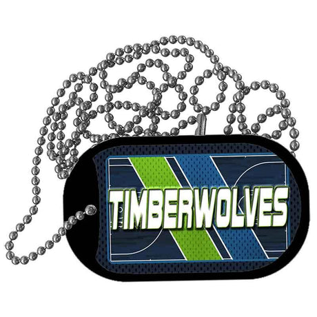 Dog tag with 'Timberwolves' text and sports ball design on a white background
