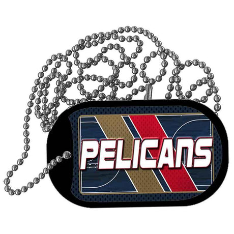 Dog tag with 'Pelicans' text and color pattern on a white background