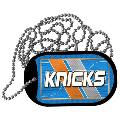 Dog tag with 'Knicks' text and sports ball design on a white background