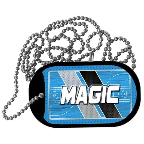 Dog tag with 'MAGIC' text and sports design on a white background