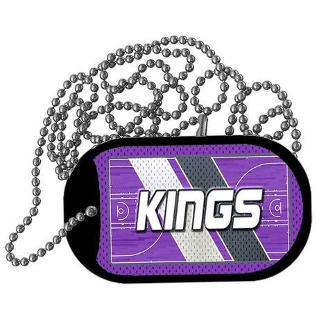 Dog tag with 'KINGS' text on a purple background with chain