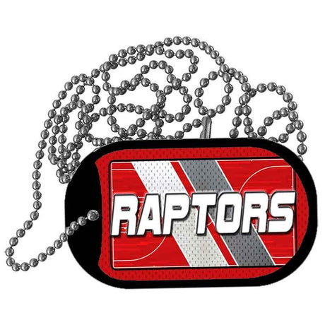 Dog tag with 'Raptors' text on a red and black background with a chain.