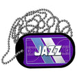 Dog tag with 'JAZZ' text and basketball court design on a purple background