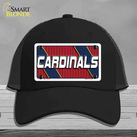 Black trucker cap with 'Cardinals' design on a gray background