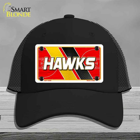 Black cap with a red and yellow license plate design featuring the word 'HAWKS' on a gray background.