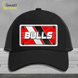 Black cap with a red and white 'BULLS' license plate design on a gray background