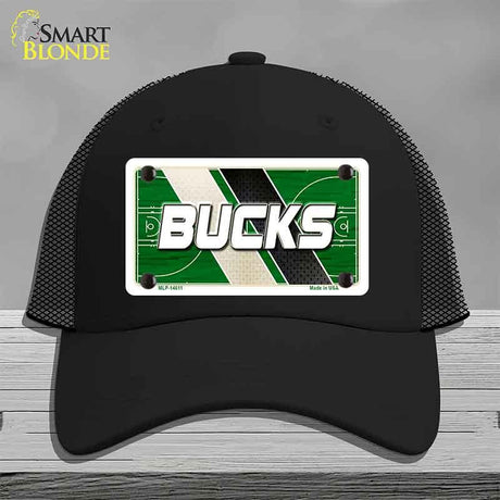 Black cap with a 'Bucks' license plate design on a gray background