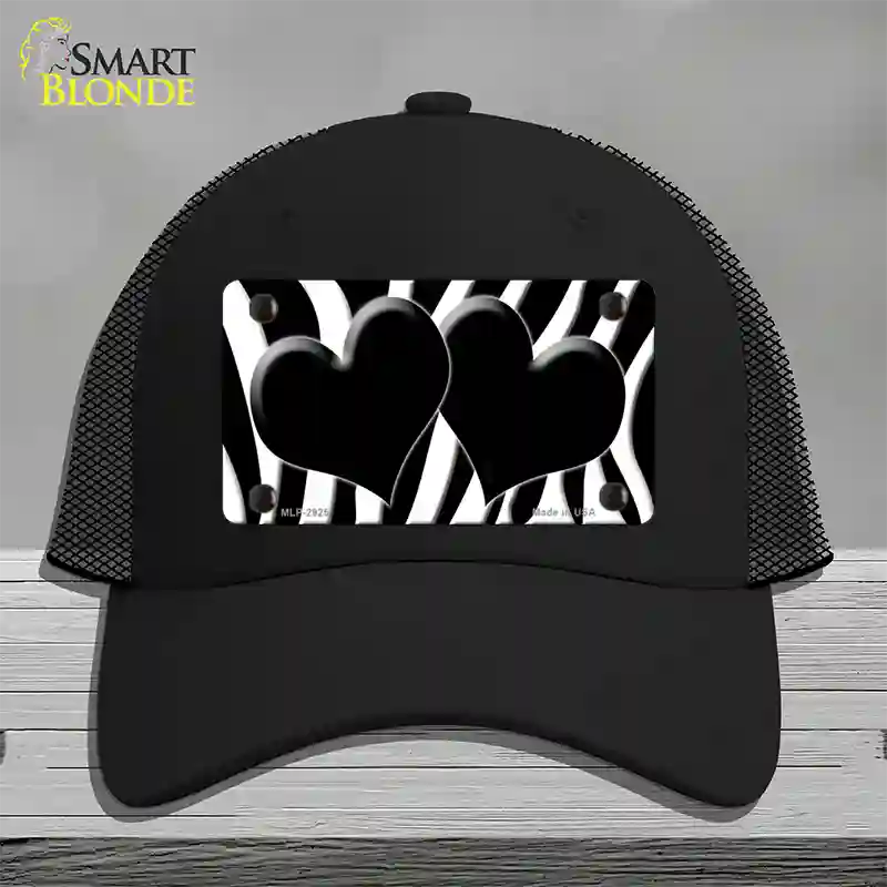 Black White Zebra Black Centered Hearts Novelty License Plate Hat Mesh / Black