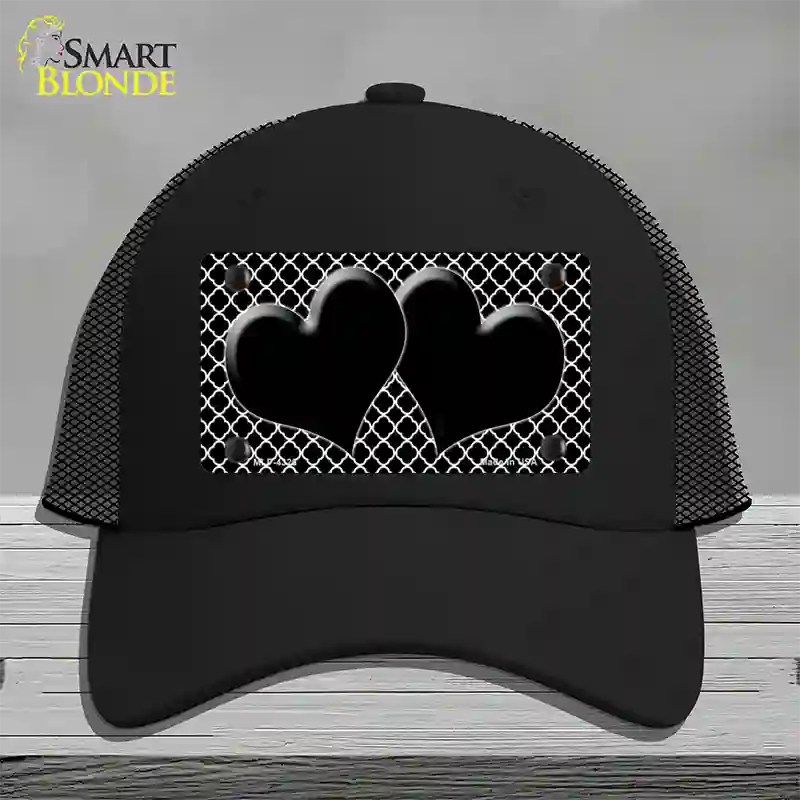 Black White Quatrefoil Black Center Hearts Novelty License Plate Hat Mesh / Black