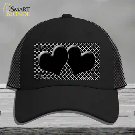 Black White Quatrefoil Black Center Hearts Novelty License Plate Hat Mesh / Black