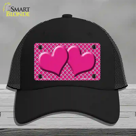 Pink White Quatrefoil Hot Pink Center Hearts Novelty License Plate Hat Mesh / Black