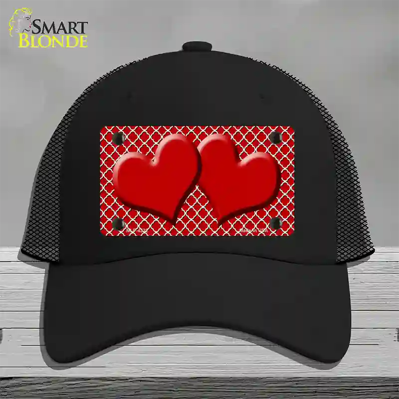 Red White Quatrefoil Red Center Hearts Novelty License Plate Hat Mesh / Black