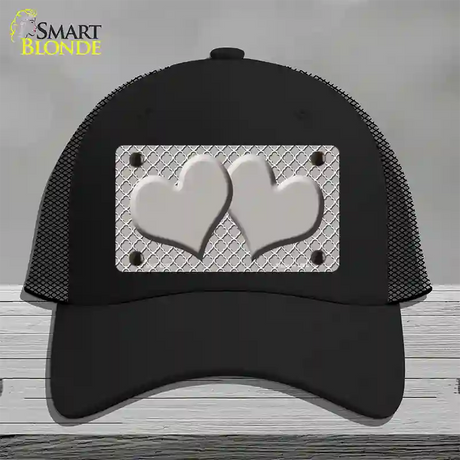Grey White Quatrefoil Grey Center Hearts Novelty License Plate Hat Mesh / Black