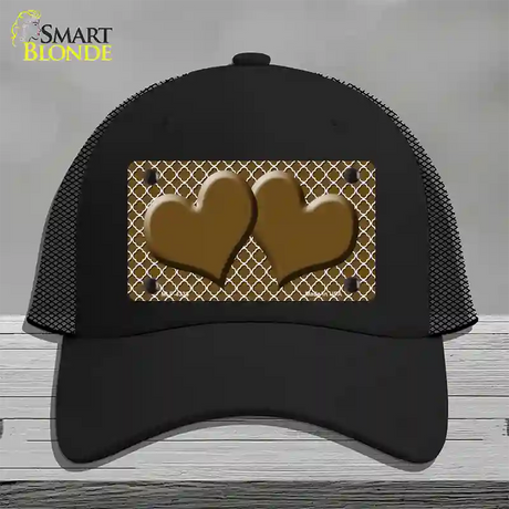 Brown White Quatrefoil Brown Center Hearts Novelty License Plate Hat Mesh / Black