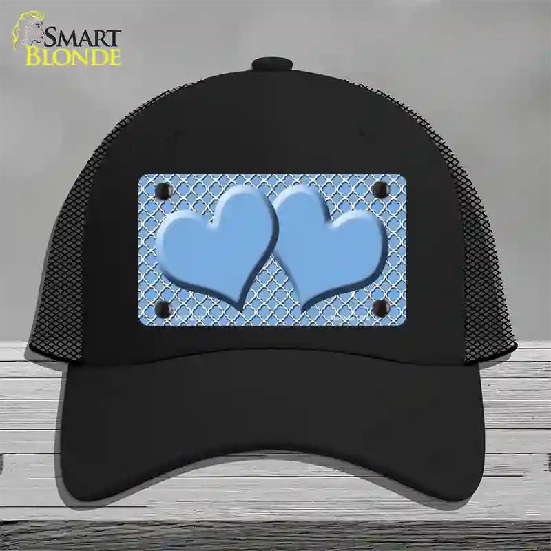 Light Blue White Quatrefoil Light Blue Center Hearts Novelty License Plate Hat Mesh / Black