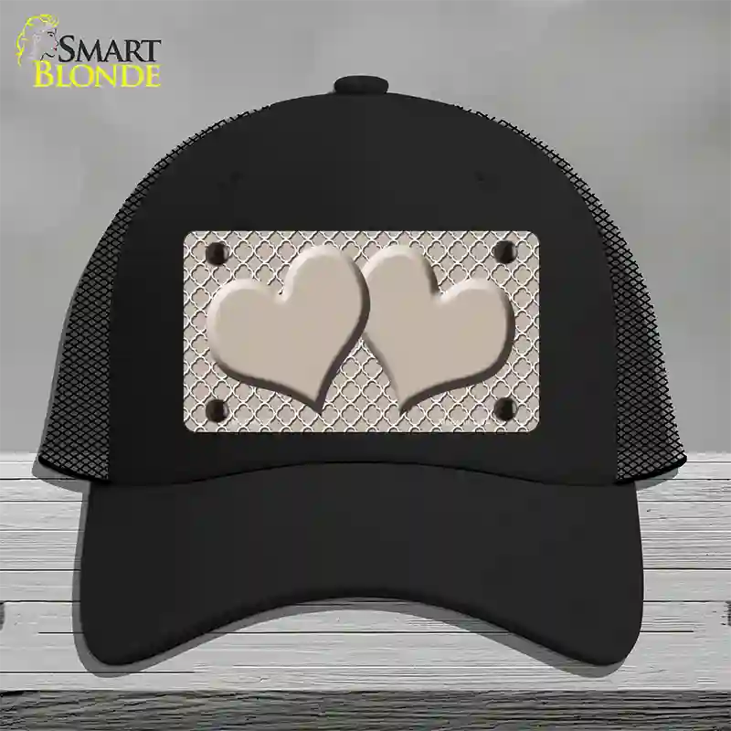 Tan White Quatrefoil Tan Center Hearts Novelty License Plate Hat Mesh / Black