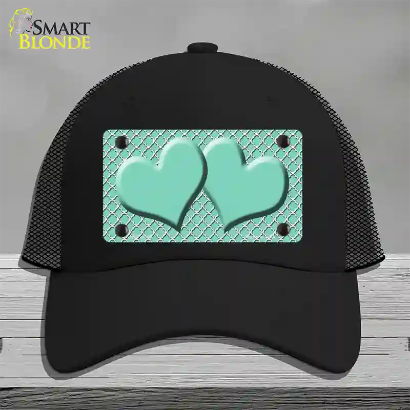 Mint White Quatrefoil And Mint Center Hearts Novelty License Plate Hat Mesh / Black