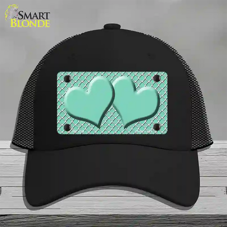 Mint White Quatrefoil And Mint Center Hearts Novelty License Plate Hat Mesh / Black