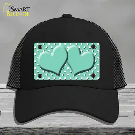 Mint White Polka Dot Center Hearts Novelty License Plate Hat Mesh / Black