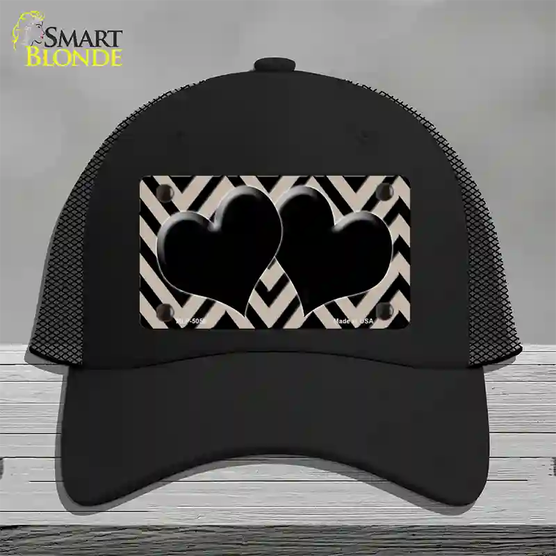 Tan Black Chevon Hearts Novelty License Plate Hat Mesh / Black