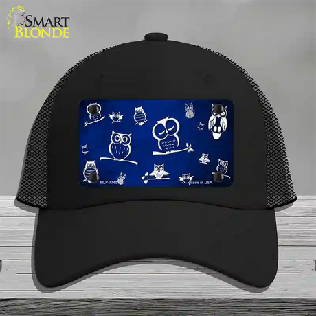 Blue White Owl Oil Rubbed Novelty License Plate Hat Mesh / Black