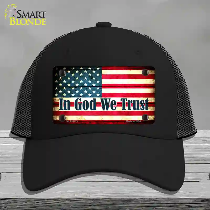 In God We Trust American Flag Novelty License Plate Hat Mesh / Black