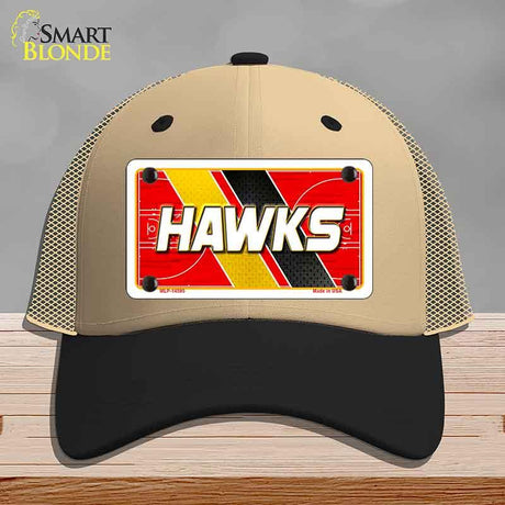 Beige and black cap with a 'HAWKS' license plate design on a gray background